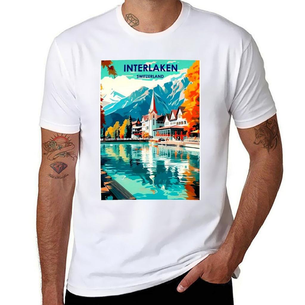 Interlaken Switzerland Vintage Travel and Tourism Advertising Print TShirt Basic Casual Short Sleeve Cotton Shirt