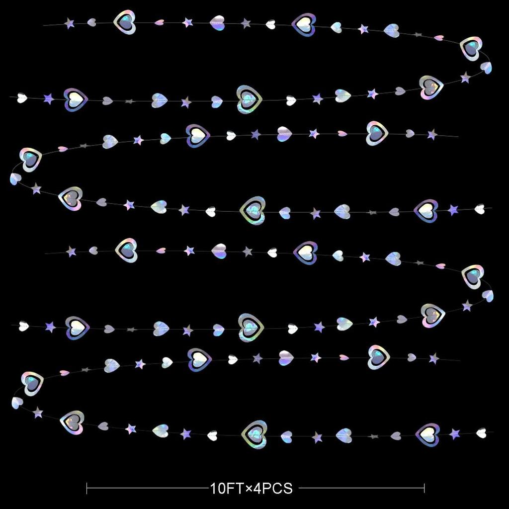 40Ft Iridescent 3D Heart Twinkle Star Garland Holographic Paper Streamer Banner for Birthday Mother's Day Anniversary Engagement Wedding Bridal Baby