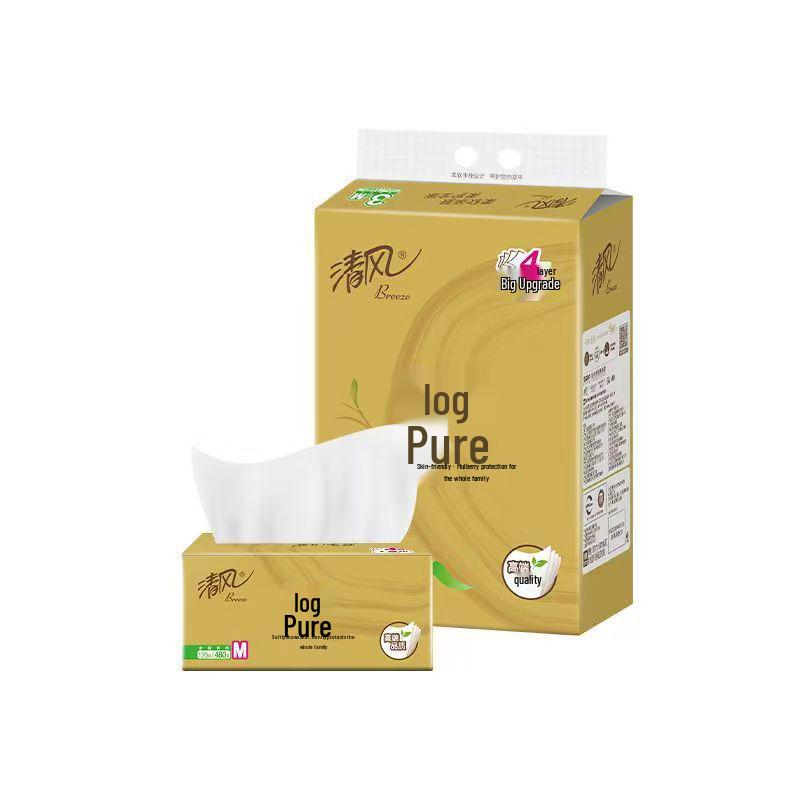 Qingfeng Gold Edition 4-ply Unscented Solid Wood Facial Tissues, M Size, 120 Sheets, 3-Pack