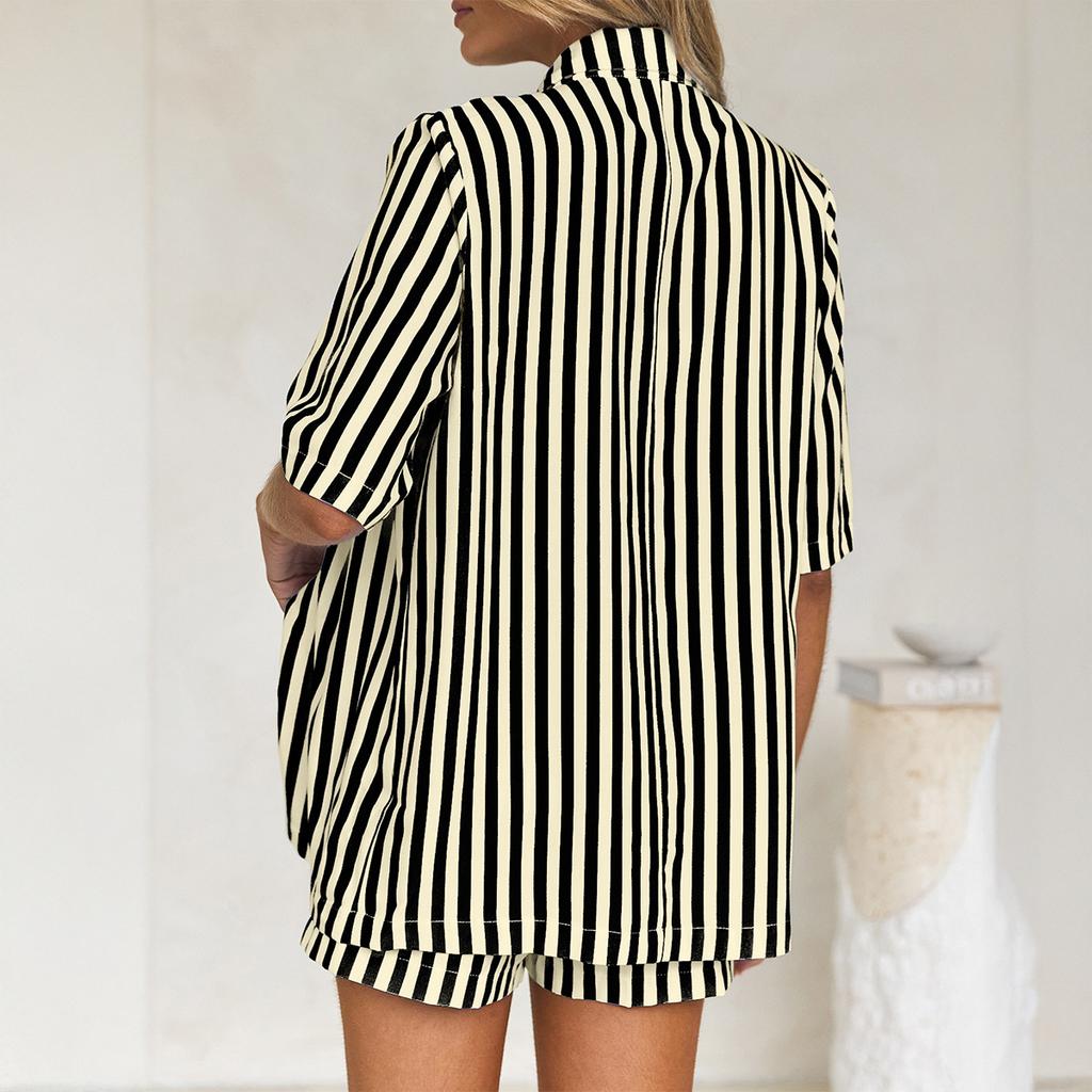 Summer New Women's Casual Versatile Striped Shirt Shorts Breathable Simple Suit