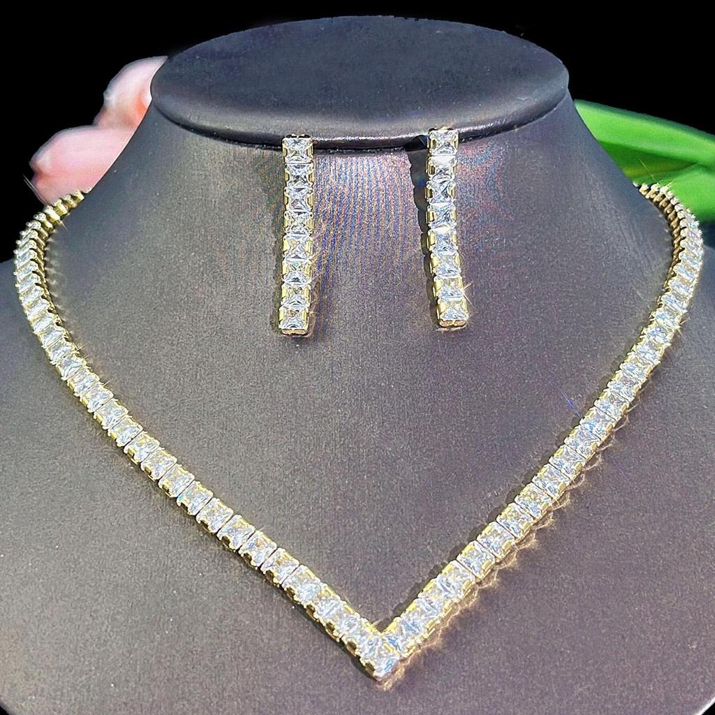 CMM 2Pcs Simple Wedding Jewelry Set Square AAA Cubic Zirconia V Shape Choker Necklace Earrings for Women