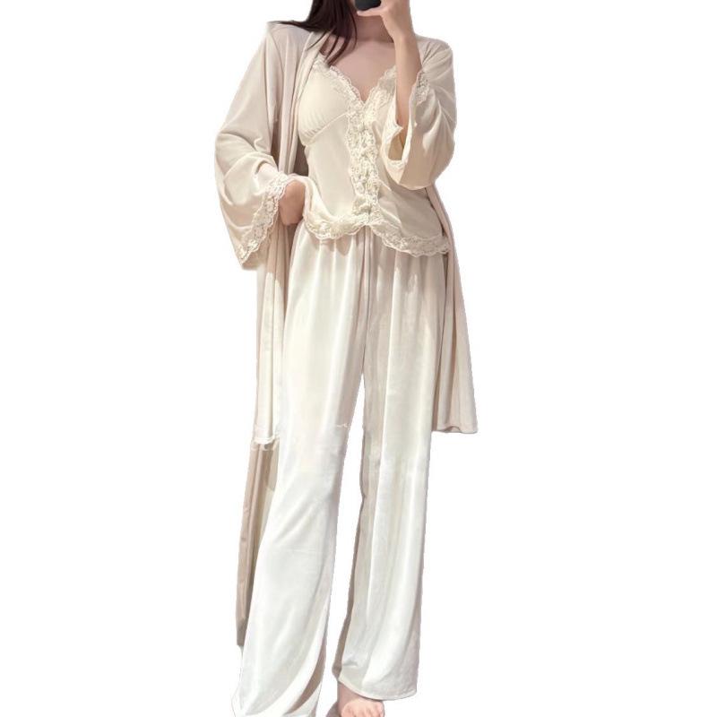 2025 Autumn/Winter Women's Velvet Pajama Set: Padded Camisole, Long Pants & Long Sleeve Top.