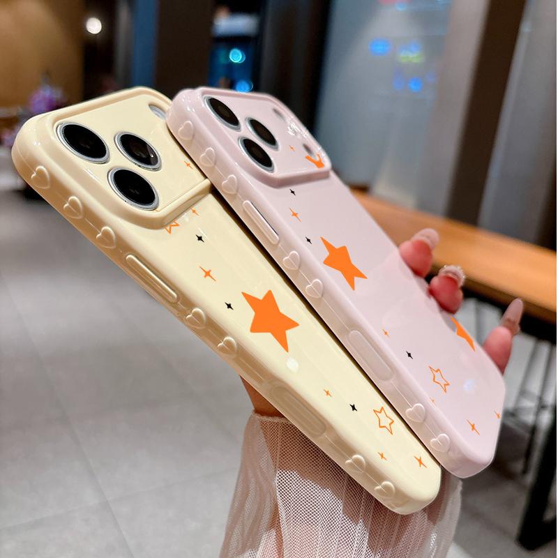 Korean Orange Star Candy Color Soft Heart Relief Side Phone Case For iPhone 17 16 15 14 13 12 11 Pro Max Plus Shockproof Cover
