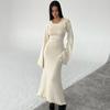 LYRIA Elegant Knitted Sweater Maxi Dress Outfits for Women Flare Sleeve Sexy Backless Dresses Edible Tree Fungus Clothes