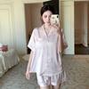 Plus Size Women’s Summer Ice Silk Pajama Set Short Sleeve Top and Shorts Lightweight Loungewear Sleepwear