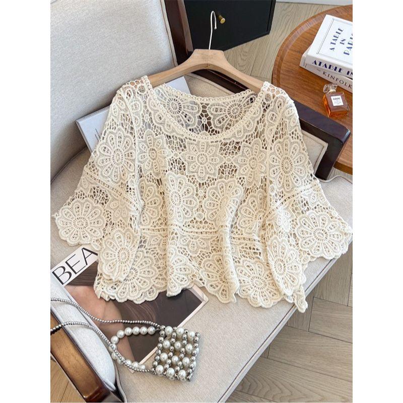 Plus Size Women's Clothing Chubby Girl French Crocheted Cut Out Lace Shirt round Neck Knitwear Casual 3/4 Sleeve Blouse Sun Protection Clothing