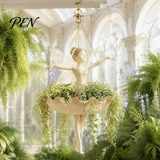 Decorative Succulents Holder for Balcony Ballet Dancer & Mermaid Hanging Planter, Resin Shell-Shaped Flower Pot with Metal Chains, Stylish Decor Patio