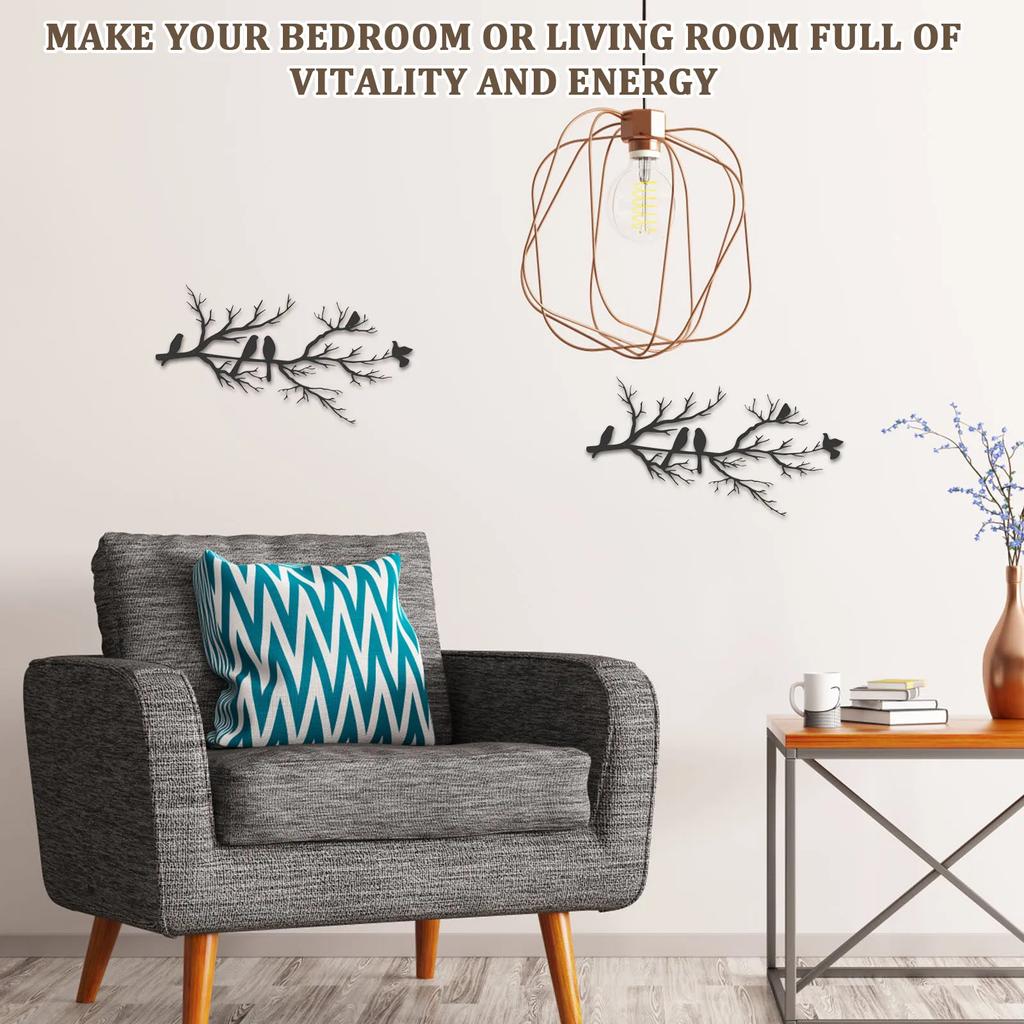 2Pcs Black Iron Branch Bird Style Wall Art Smooth Surface Branch Bird Silhouette Wall Decor for Home Balcony Garden