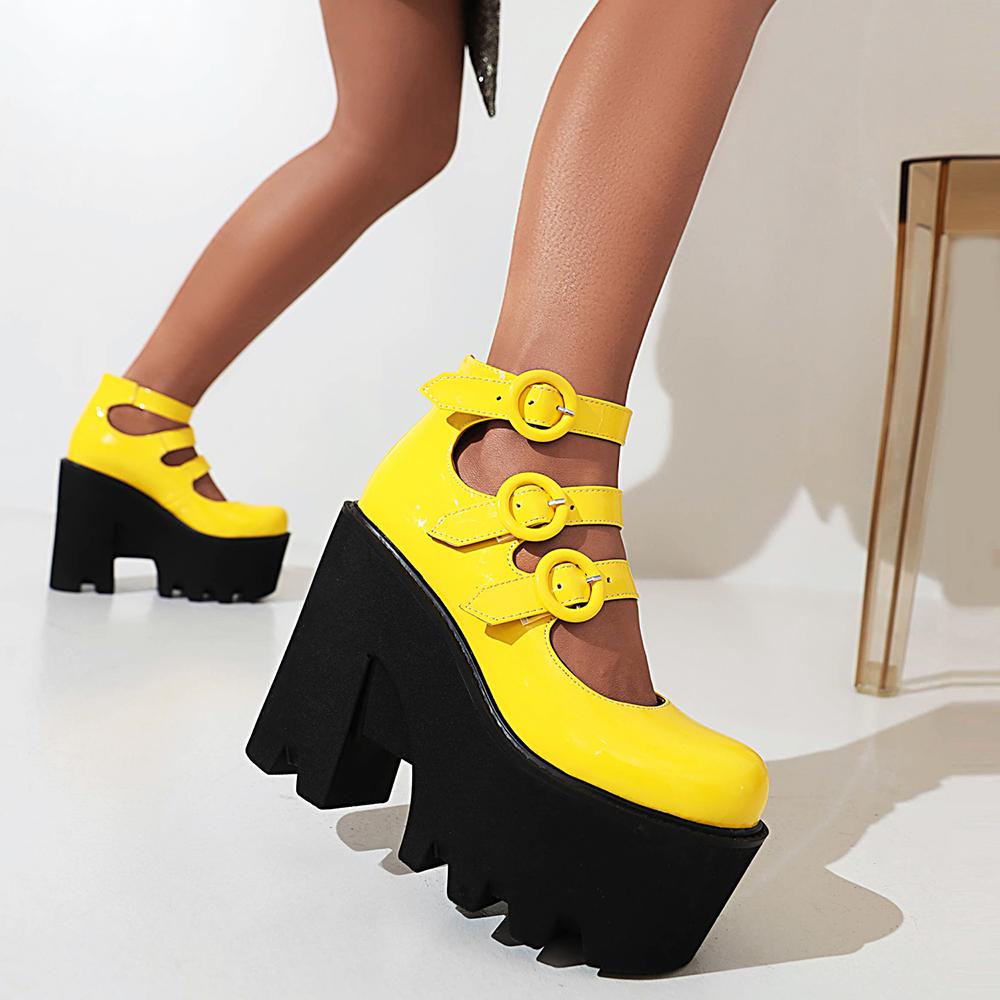 Three Rows Of Round Buckle Super High Wedges Sexy Women's Pumps Bright Patent Leather Super High Platform Women's High Heels