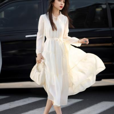 Latest French Bohemian Vacation Style Womens Slim White Big Sport Dress In Spring