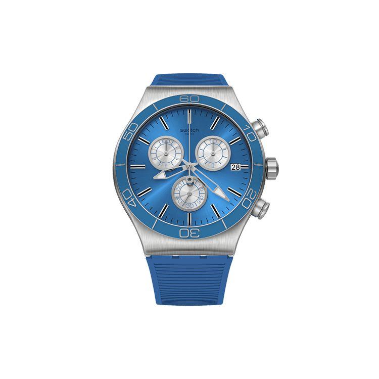 

Swatch Irony Series Quartz Watch 43Mm Blue Dial Stainless Steel Case Rubber Strap Men watches Silver YVS485 Blue