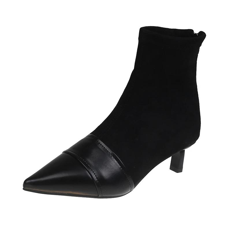 

Модные зимние женские замшевые ботильоны с острым носком на шпильках 2025 года, новые сексуальные модные ботинки челси, туфли-лодочки на молнии Botas Mujer 35 чёрный
