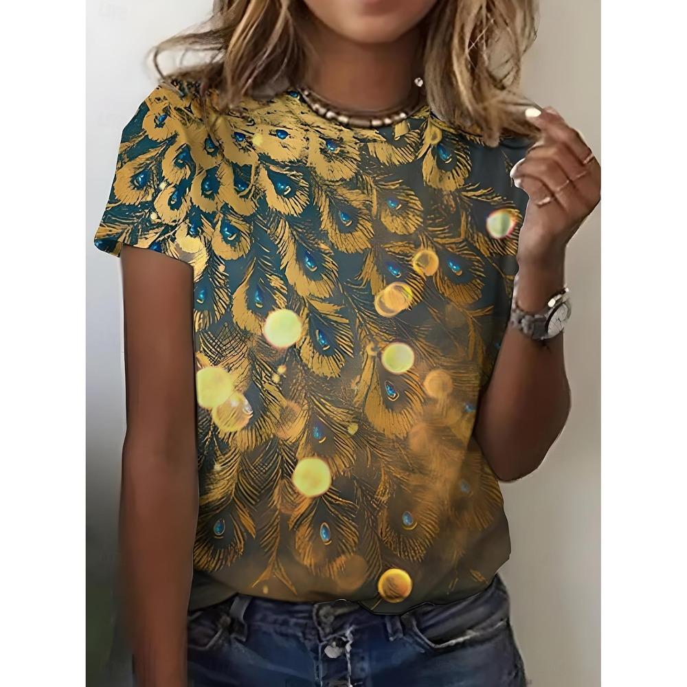 Fashion Summer T-shirt Women Ombre Graphic Feather Trendy Classic Short Sleeve Crew Neck T-shirts Round Neck Regular Tops