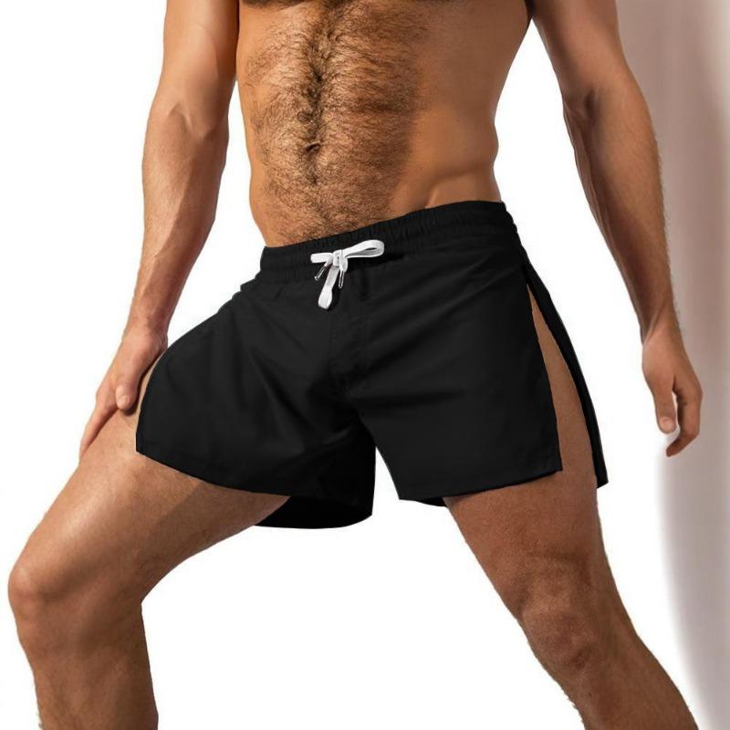 Men Quick Dry Split Running Shorts Elastic Waist Drawstring Gym Wear S чёрный