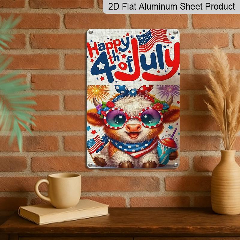 2D Flat 1pc Patriotic Metal Sign, Aluminium Metal Wall Decor, Cute Cow with American Flag Fashion Glasses & Fireworks Design | 12x8 Inch Outdoor