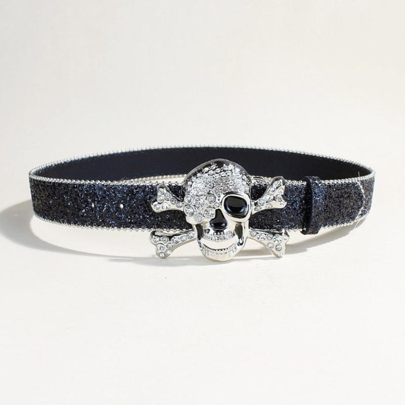 Fashionable Rhinestones Studded Belt Skull Pattern Waist Belt Durability Belt for Enhancing Dresses and Casual Looks