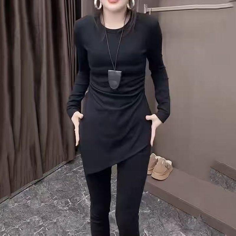 German Velvet Long Sleeve Irregular Slit Women's Bodycon T-shirt: Autumn/Winter Waist-Cinching Slimming Base Layer