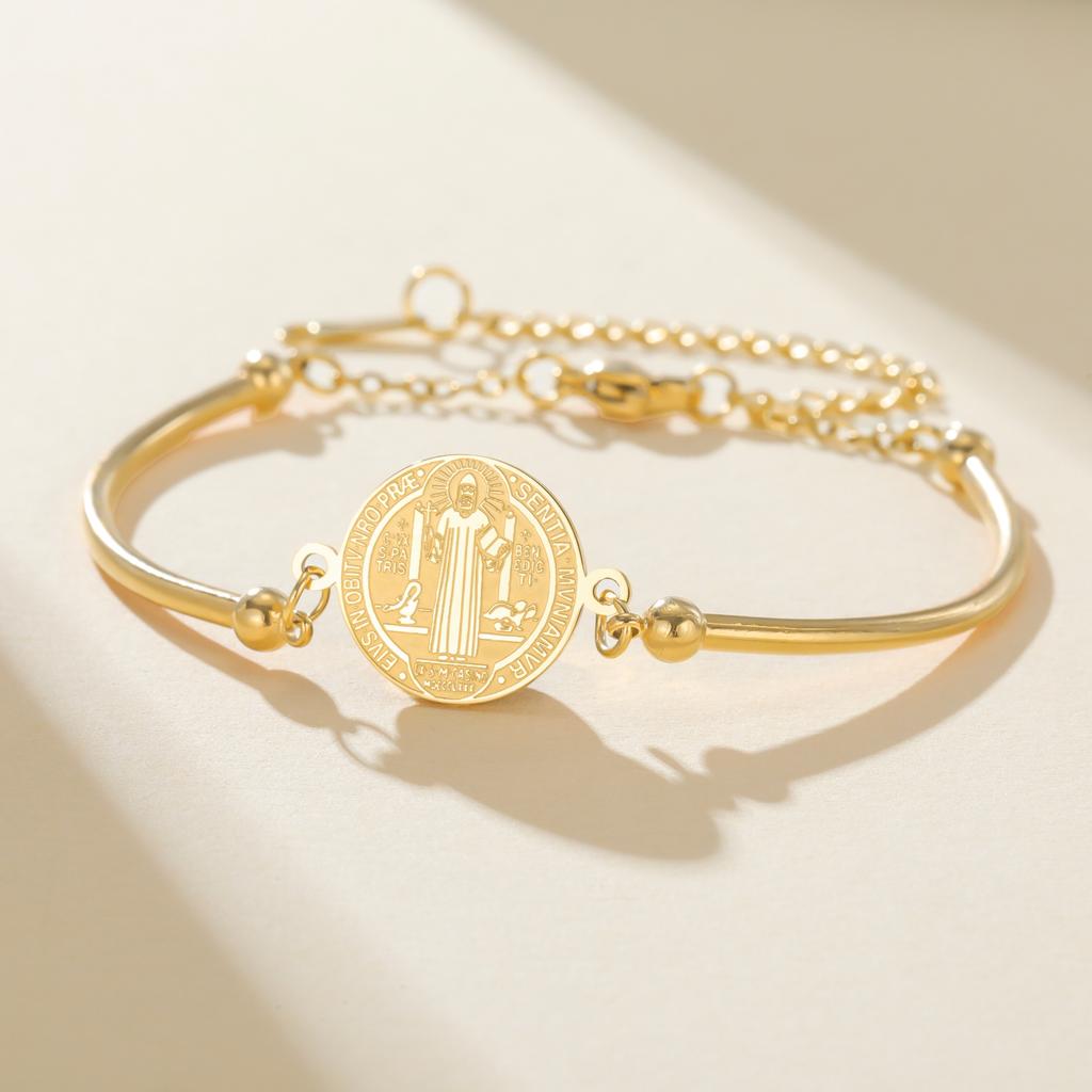 Double-sided Saint Benedict Exorcism Cross Charm Bracelet Women Men Adjustable Stainless Steel Gold Bangle Jewelry Gift
