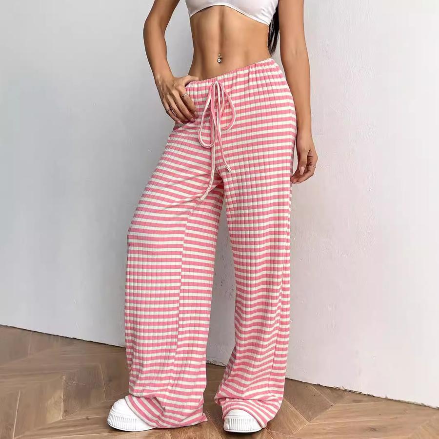 Spring/Autumn Women's Casual Striped Solid Color Elastic Waist Cotton Straight Leg Pants