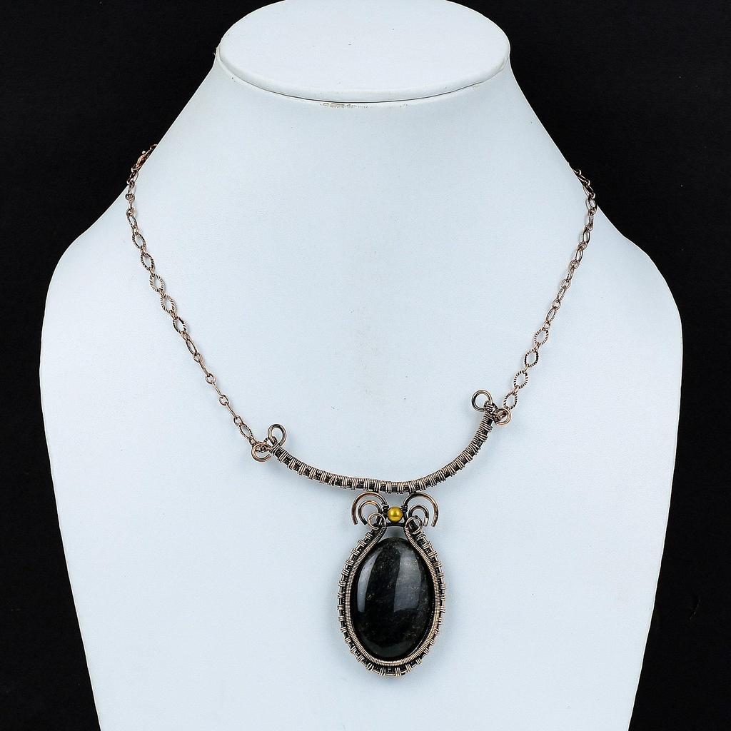 Collier en obsidienne argentée brillante Collier réglable enveloppé de fil de cuivre Bijoux en cuivre faits à la main Collier en pierres précieuses Cadeau de bijoux décent pour maman