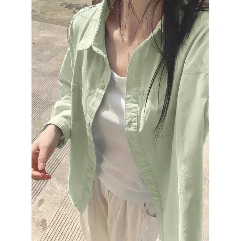 Solid-colored Women's Long-sleeved Shirts Korean-style Simple Casual Blouse Sunscreen Summer Ladies Cardigan