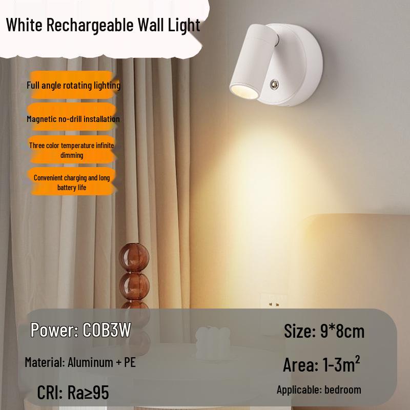 

Rechargeable Wireless LED Wall Light – Magnetic Spotlight for Eye Protection & Bedside Use Aluminum Head - 2000mA Large Battery