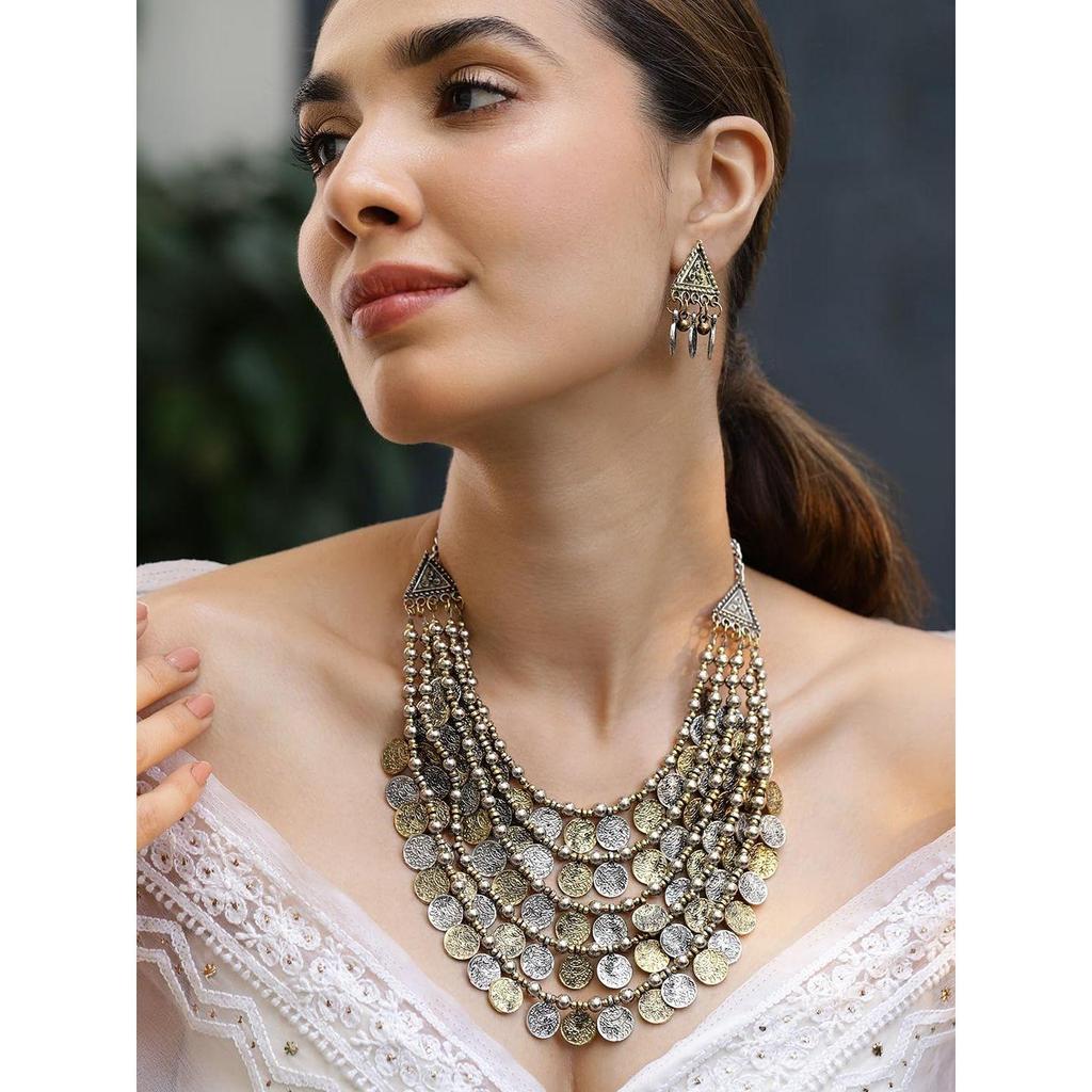 Oxidised  Multilayer Coin Statement Necklace Set for Women – for Festive & Ethnic Looks