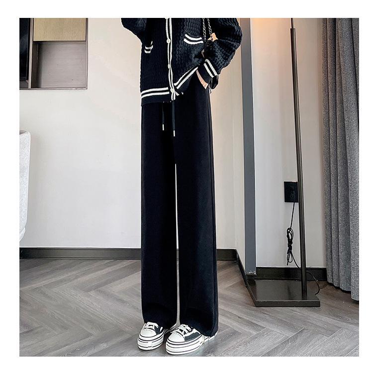 Women's Plus Size Winter 2025 High Waist Wide Leg Fleece-Lined Black Chenille Sweatpants