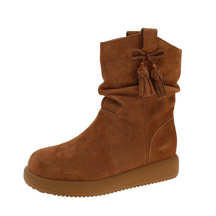 

Версия из коровьей кожи платформа короткие ботинки осень ковбойские ботинки 2025 новые повседневные ботинки со сборками среднее голенище верблюжьи модные ботинки 40 верблюд