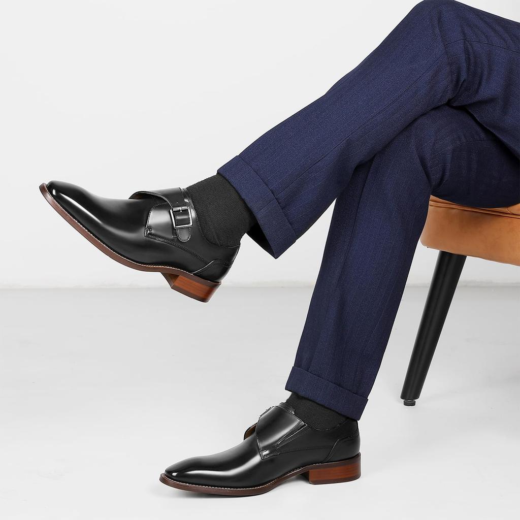 Foxsense Pánské boty z pravé kůže Monk Strap společenské hladké, špička, černé, 24,5 cm, C183-01