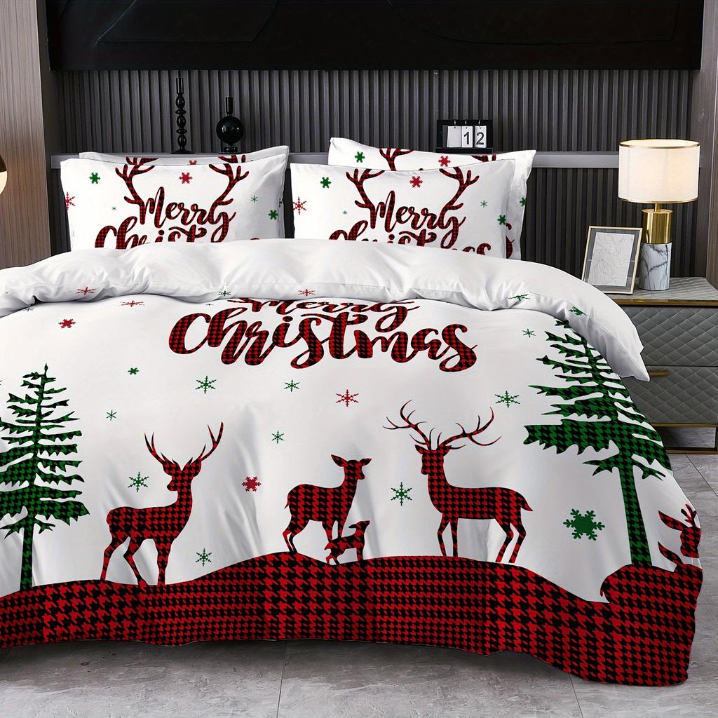 Christmas Reindeer Plaid Duvet Cover Set Breathable Polyester Machine Washable - Perfect For All Seasons
