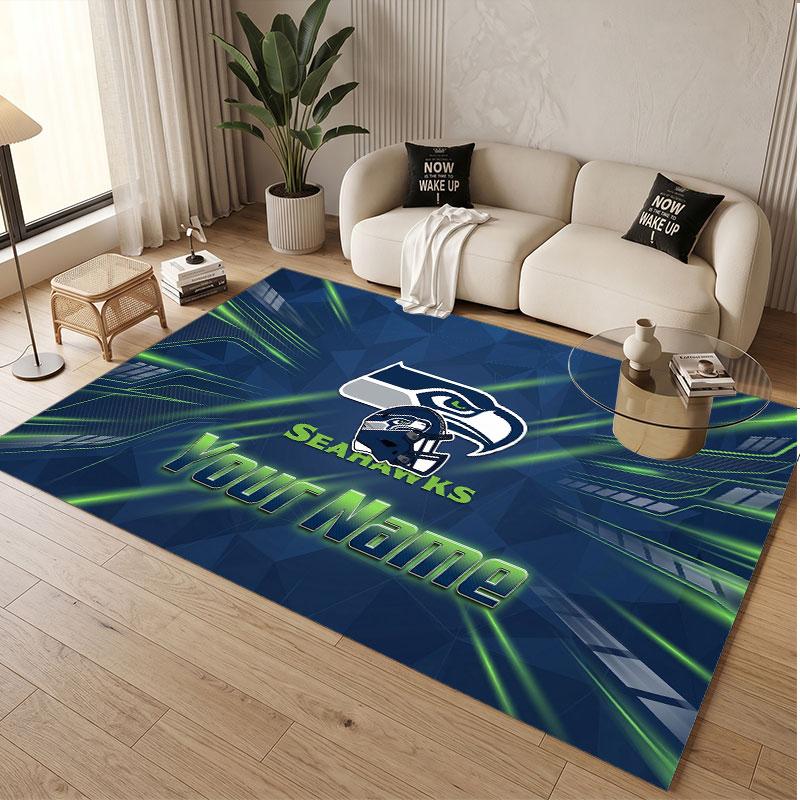 Custom Rug Seattle Seahawks Pattern Print Name Text Soft Non‑Slip Floor Carpet for Home Indoor Decoration