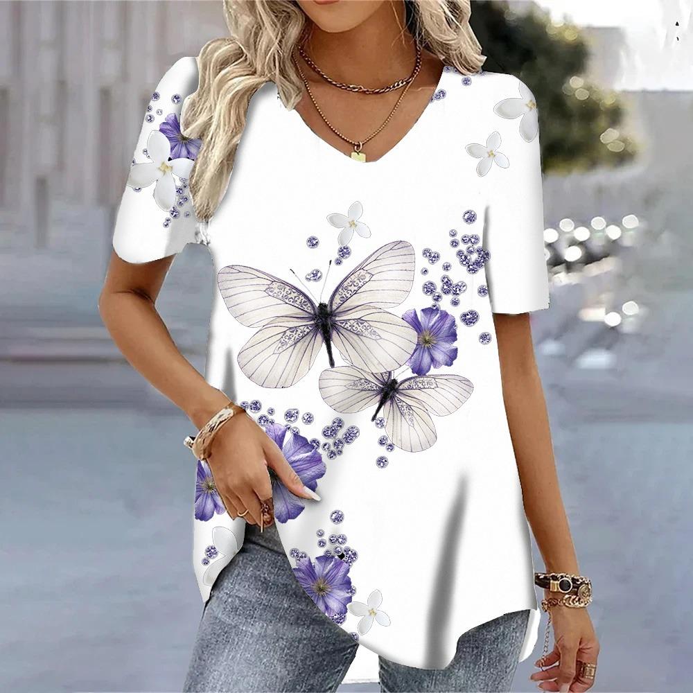 3D Butterfly Printed Short Sleeve T-shirt Korean Style Women's Clothes 2025V-neck Short Sleeves Tees Shirt Loose Casual Blouses