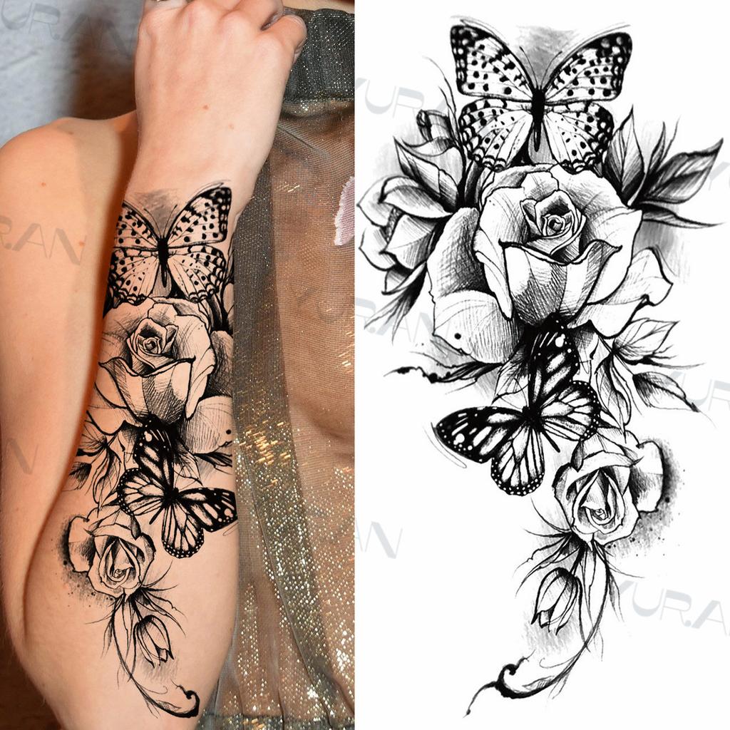 Zwarte Grote Slang Bloem Fake Tattoo Sticker Voor Vrouwen Dot Rose Pioen Tijdelijke Tattoos DIY Water Transfer Tatoos Meisjes