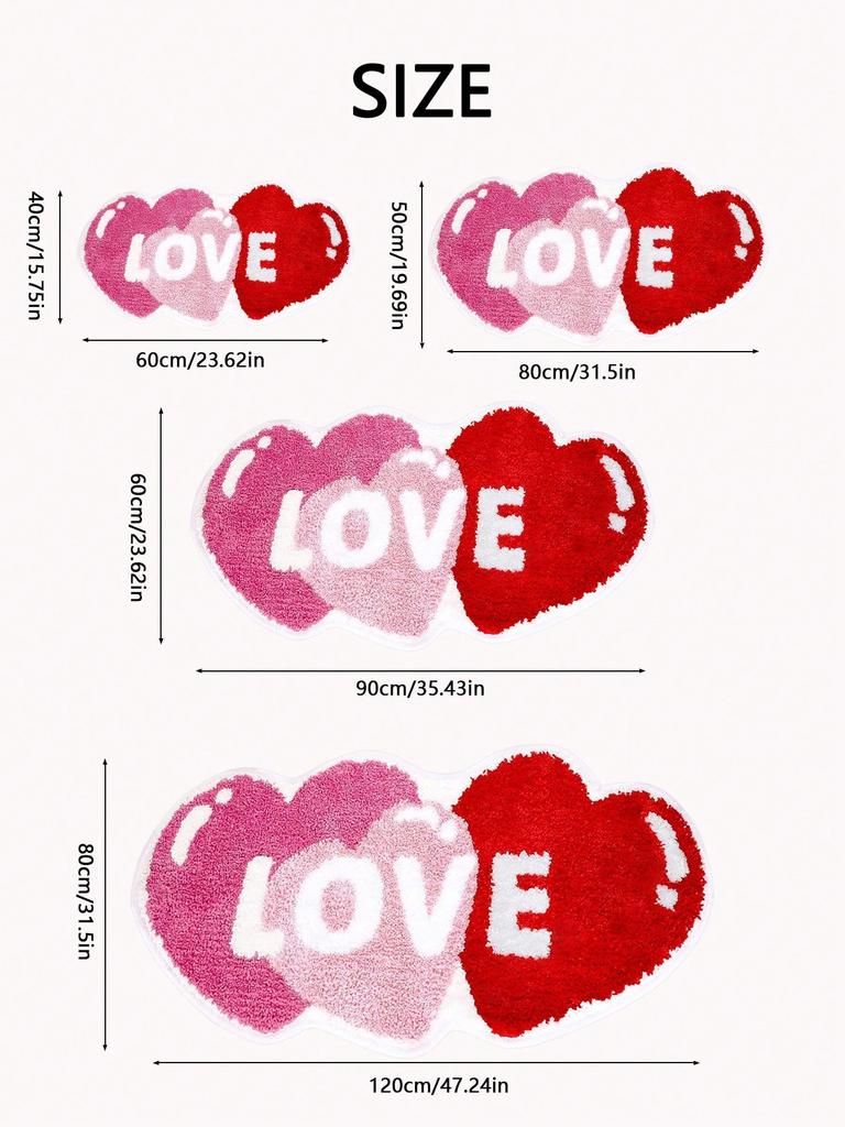 1PC Valentine's Day Heart-shaped Floor Mat - Soft, Anti-slip, with Red and Pink Heart-shaped Patterns and the Word "LOVE"