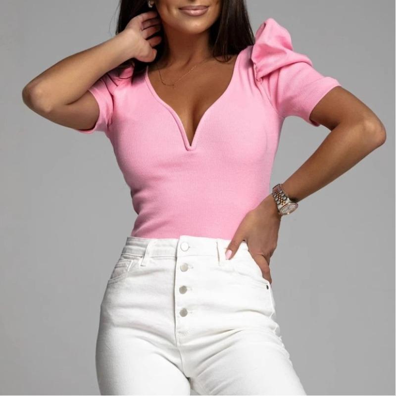 Verano Nuevo Mujer Manga Abullonada Manga Corta Color Sólido Simple Versátil Delgado Cuello en V Camiseta Top