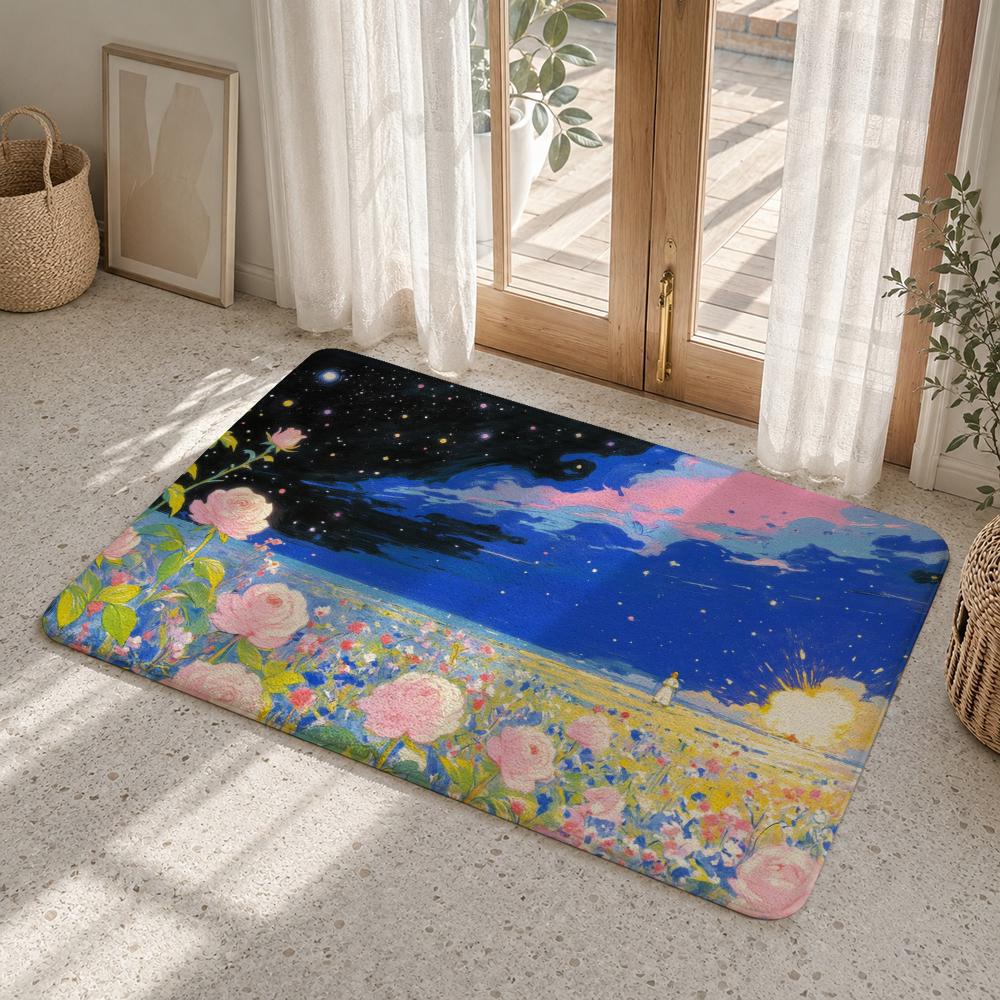 Astronaut Among Cosmic Roses Floor Mat Flannel Rug Soft Non Slip Washable Door Mat For Bathroom Bedroom Kitchen Home Decor