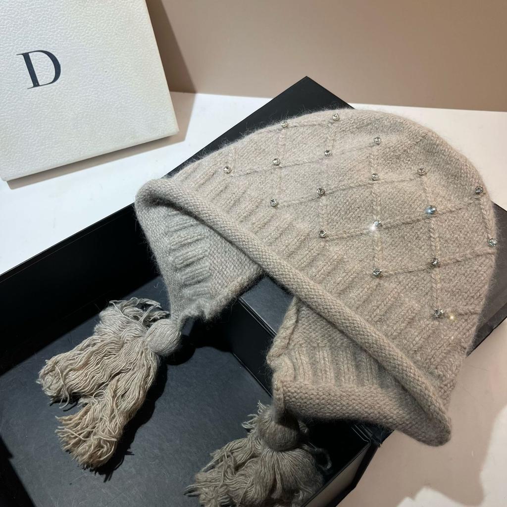 Xiaoxiangfeng Rhombus Rabbit Velvet Knitted Hat Angora Rabbit Hair Warm Soft Waxy Ear Protection Hat Rhinestone Fringed Baotou Hat Winter
