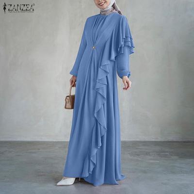 Damen Lässig Rundhals Langarm Locker Rüschen Spleiß Langes Kleid