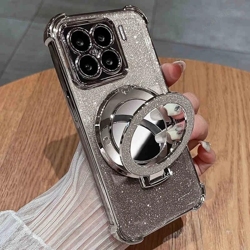 For Xiaomi Mi 14 Pro 15 13 T 12 14t 5G 13t 12t 12x 11i Four Corner Anti-shock Plating Case Mi14t Mi13t Makeup Mirror Stand Cover