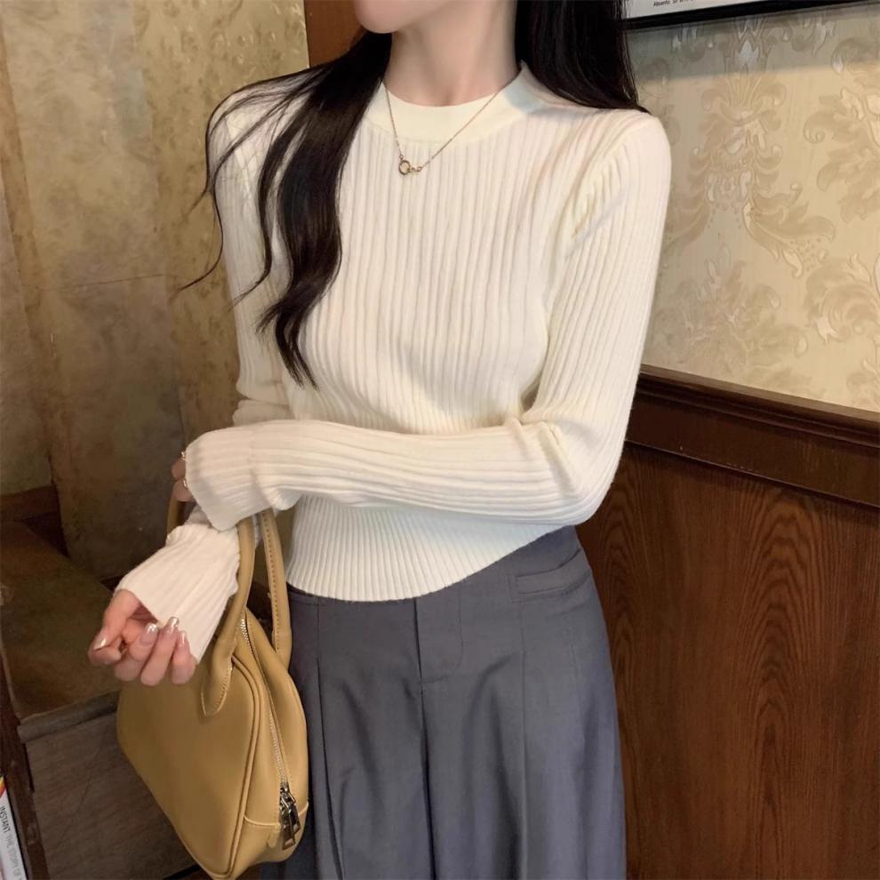 Round Neck Sweaters Knitted Sweater for Women Autumn Winter Basic Pullovers Slim Fit Waist Cinching Short Pullover
