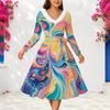 Women Plus Size V Neck Long Sleeve Black Golden Swirl Print Furry Trim Midi Dress