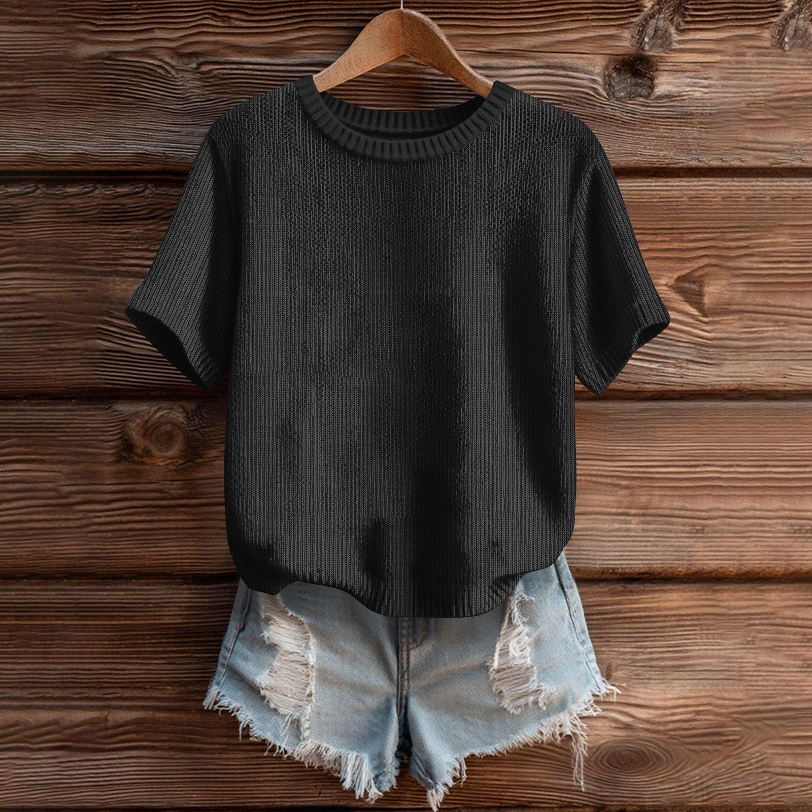 

Женский милый свитер вязаный модный повседневный с круглым вырезом и короткими рукавами уютный топ с принтом XL чёрный