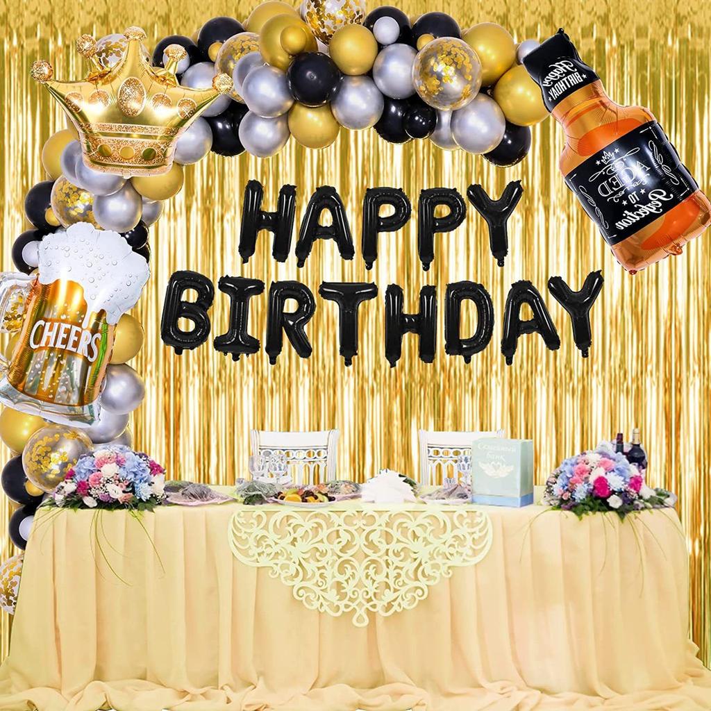 Beer-themed Black and Gold Birthday Party Wine Bottle Aluminum Film Latex Balloon Set of Decorative Items