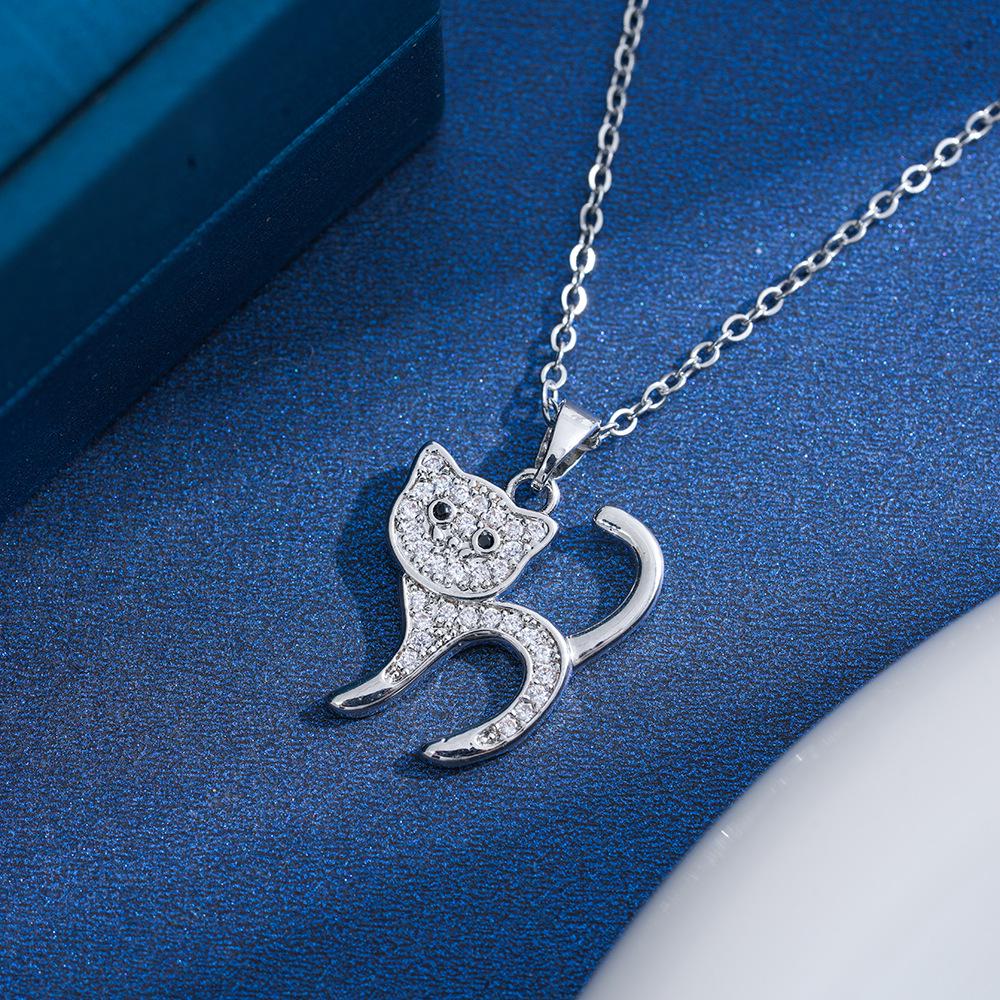 Cute Cat Light Luxury Full Diamond Titanium Steel Necklace for Women