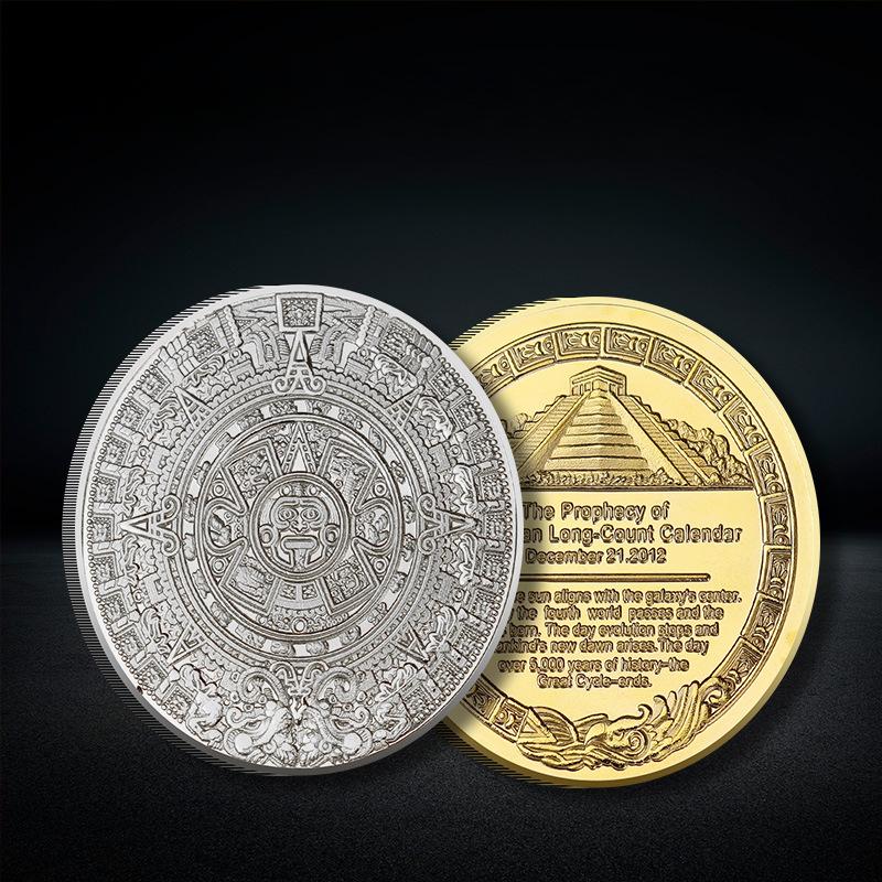 Mayská pamětní mince Pyramida Sluneční hodiny Mince v cizí měně Sběratelská 40mm mince Lucky Love v ochranné kulaté krabičce