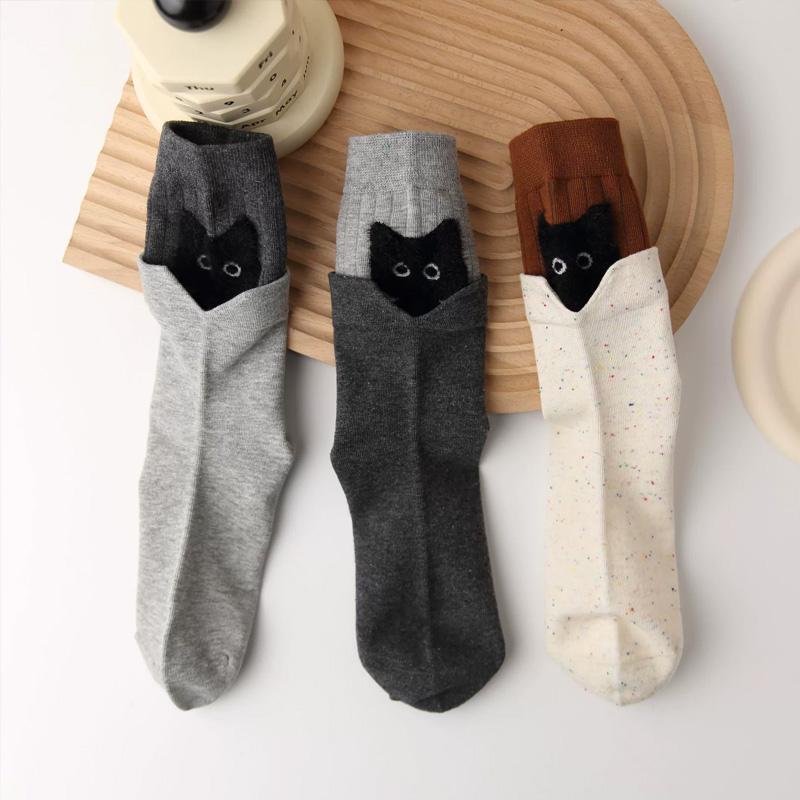 1 Paire Chaussettes Mi-Mollet Mignonnes Chatons Dessin Animé pour Femmes Filles Chaussettes en Coton Automne Hiver