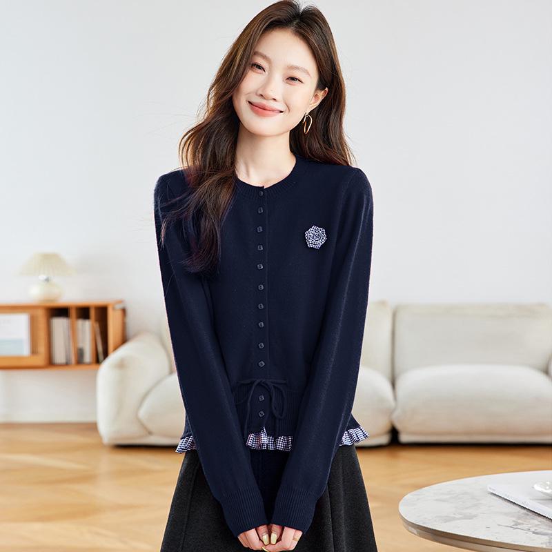 

Autumn 2025 Women s Knit Cardigan: Slim Fit, Spliced Two-Piece Look M темно-синий