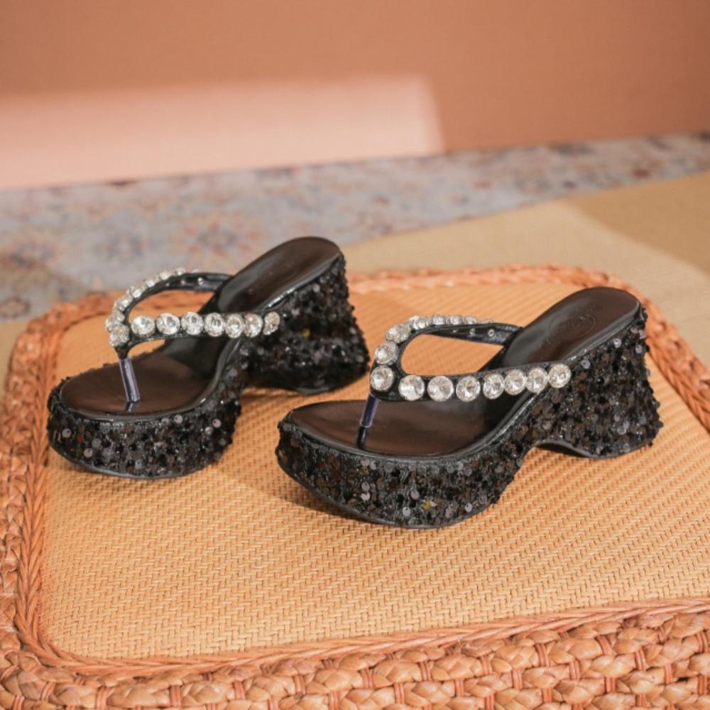 Flip Flops Damen Plateau Keilsandaletten Damen Sommer Draußen Neu Mittelhoch Absatz Strass Pailletten Fischgräten Sandalen