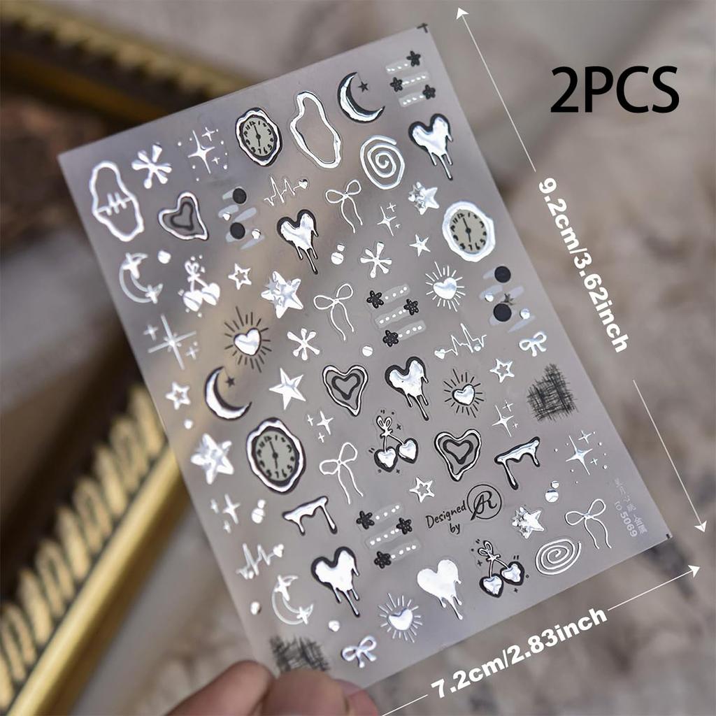 2Pcs Nail Art Stickers, Metallic Heart Design Nail Stickers for DIY Nail Art, Mini Stickers, Self-Adhesive Silver Heart Decals, 9 * 7 cm Size